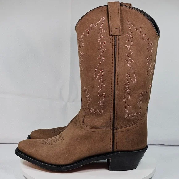 Western Cowboy Boots Women Brown Suede Pink Stitching Heel Round Toe New - Picture 2 of 8